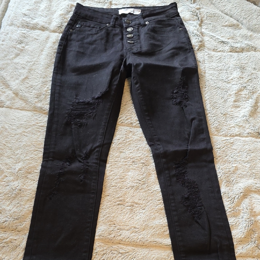 KanCan Black Distressed Skinny Jeans with Button Fly